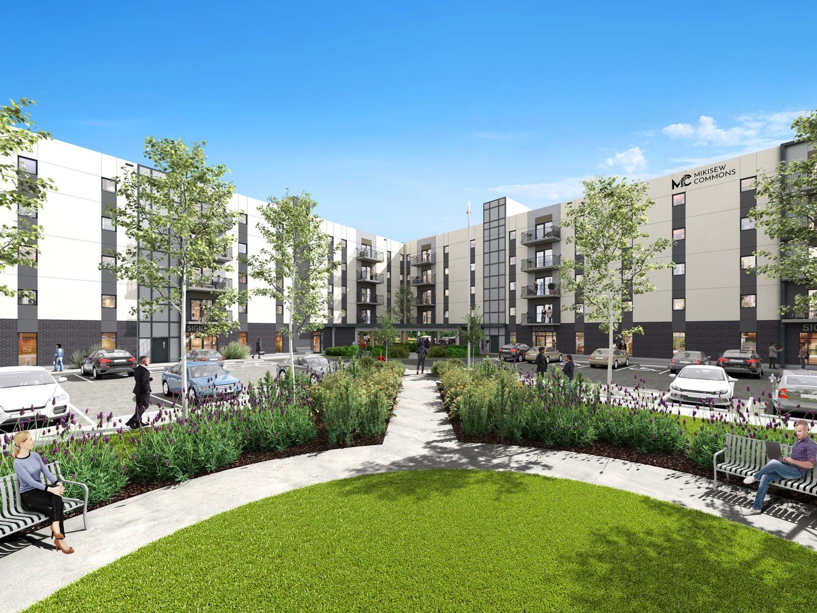 The landscaped central courtyard at Mikisew Commons