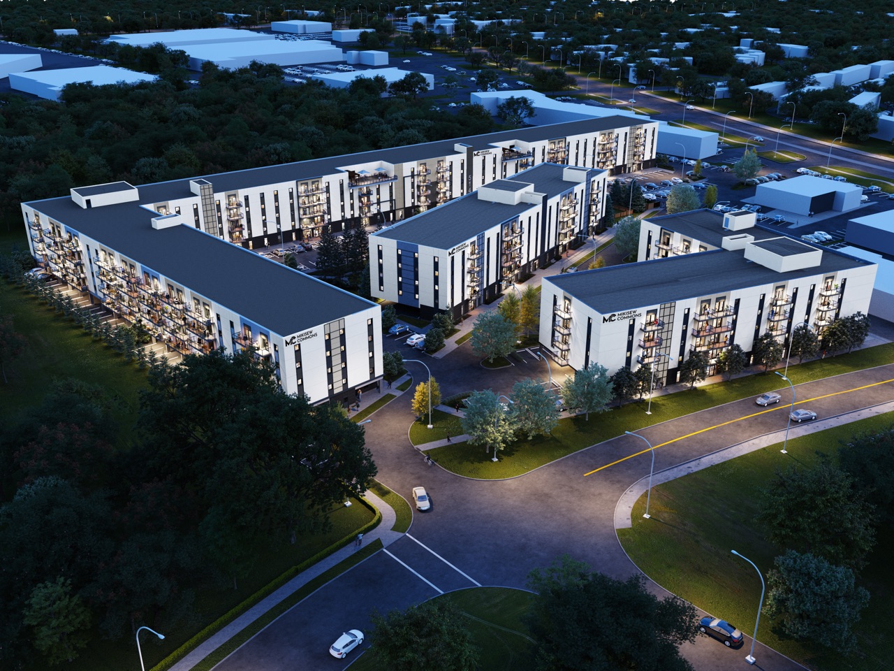 Aerial view at dusk, Mikisew Commons rendering